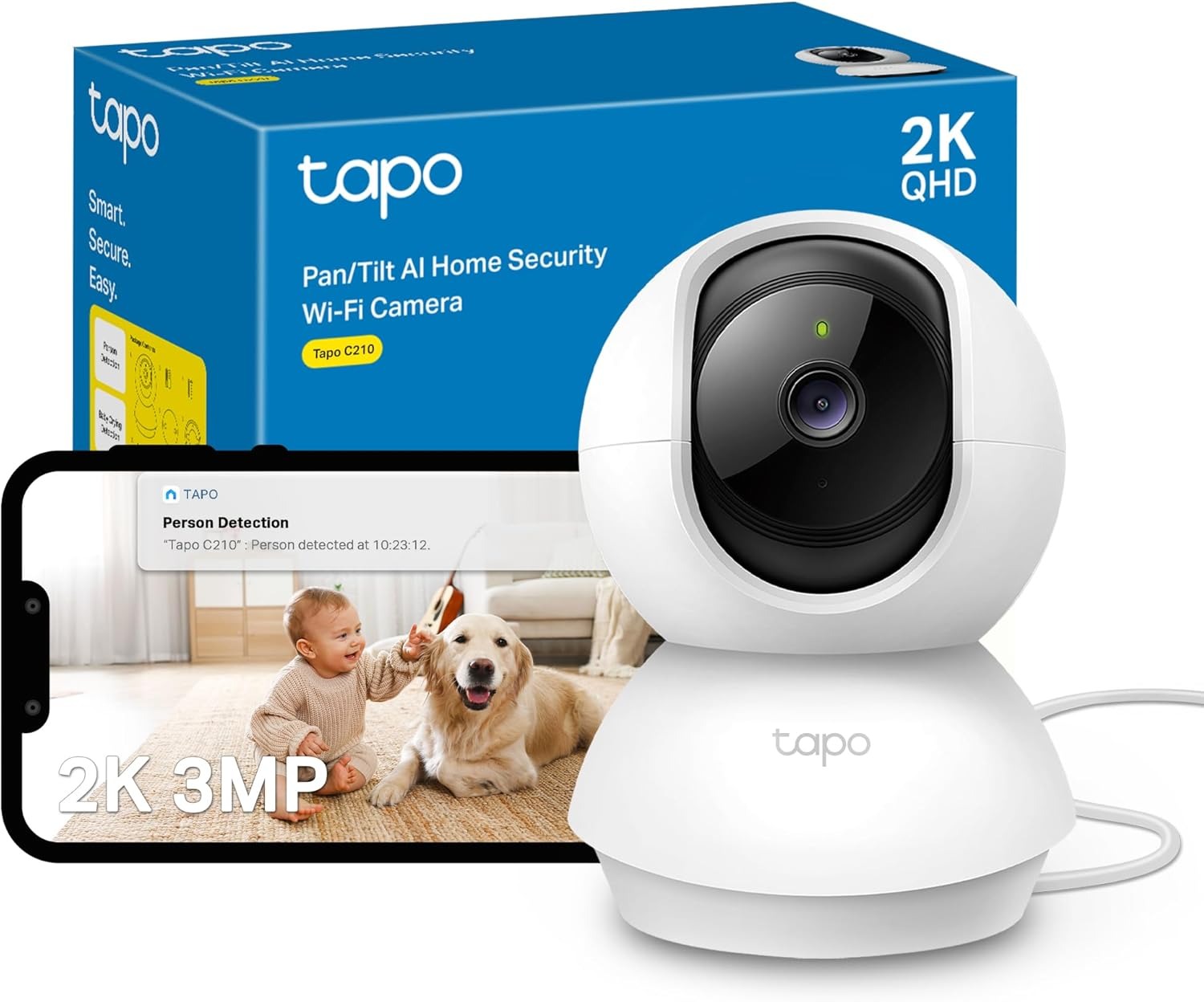 Tapo C210 2K 3MP Indoor WiFi Camera – Pan/Tilt, AI Motion Detection, Night Vision, Baby & Pet Monitor, Works with Alexa & Google